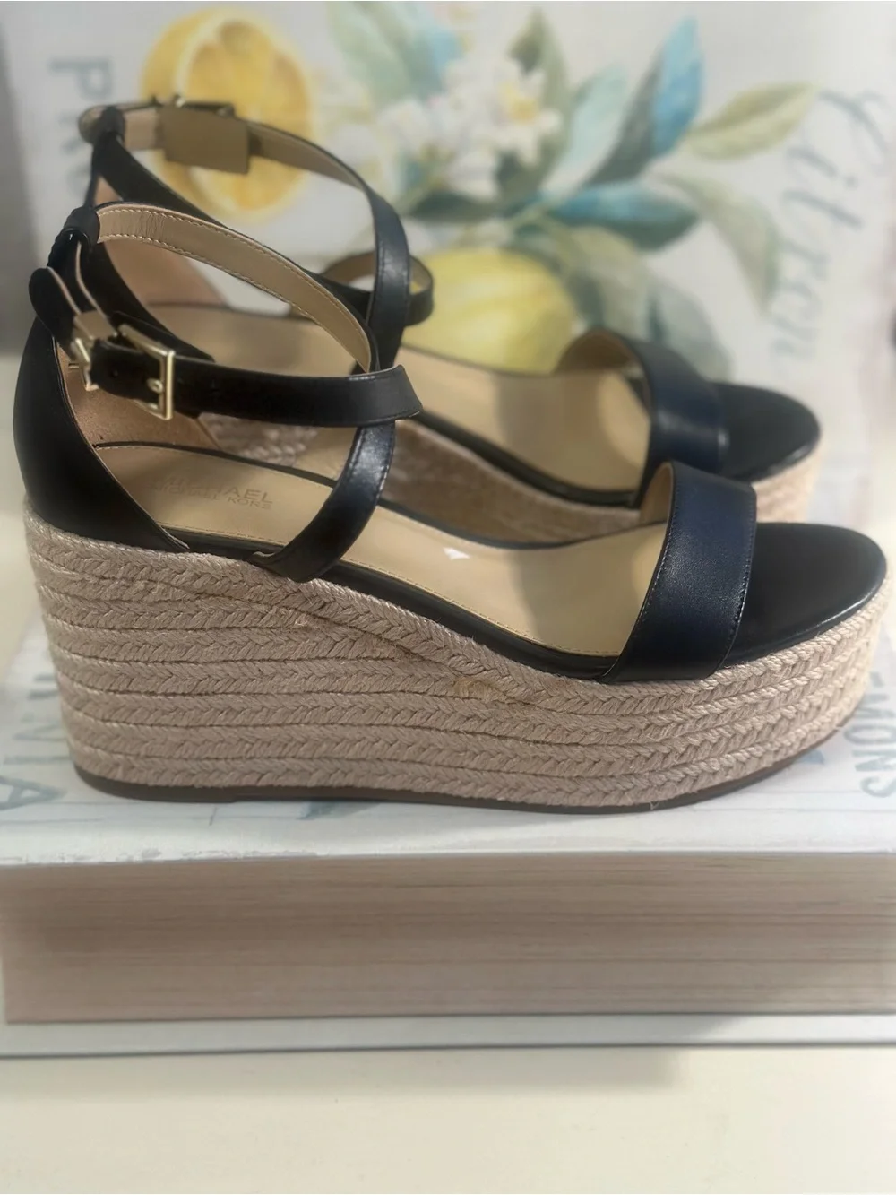 Michael Kors Black Leather Ankle-Strap Espadrille Wedges